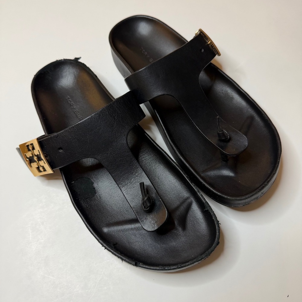 Tory Burch Mellow Leather Buckle Thong Sandals Black Gold Logo Womens Size 7M